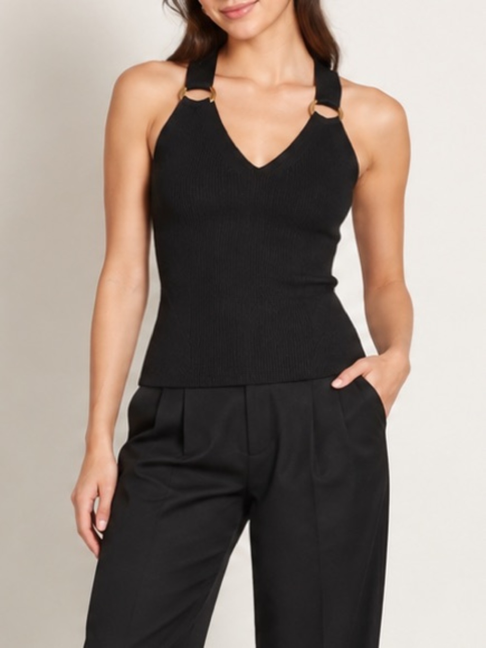 INC Black Ribbed Knit Halter Tank Gold Ring Y2K Going Out Top Size S